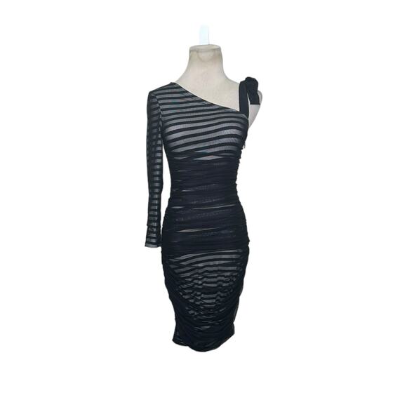 BCBGMAXAZRIA Black Striped One Shoulder Mesh Overlay Cocktail Dress size XS - Picture 9 of 16